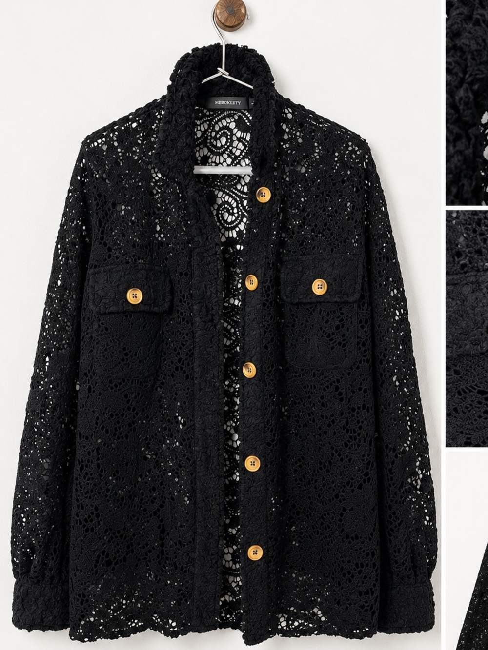 Merokeety Black Crochet Button-Front Jacket with Wood-Tone Buttons